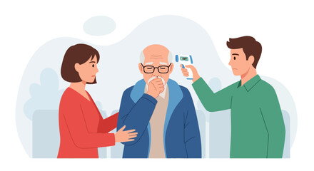 Obraz premium Elderly man with flu symptoms checked with thermometer, supported by family