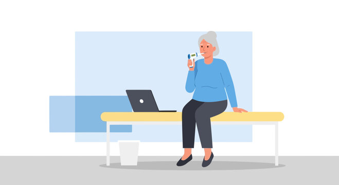 Elderly woman checking temperature with infrared thermometer, digital health