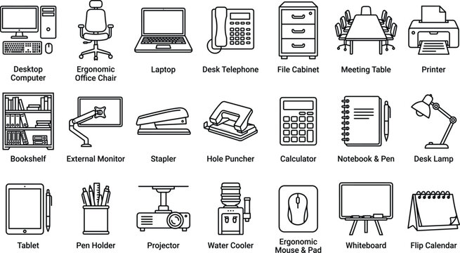 Corporate workspace office equipment and business stationery thin line icon set with computer chair desk lamp printer calculator