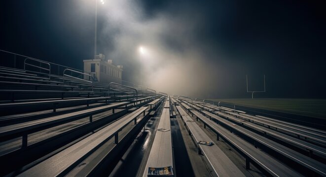 Abandoned bleachers in foggy stadium.