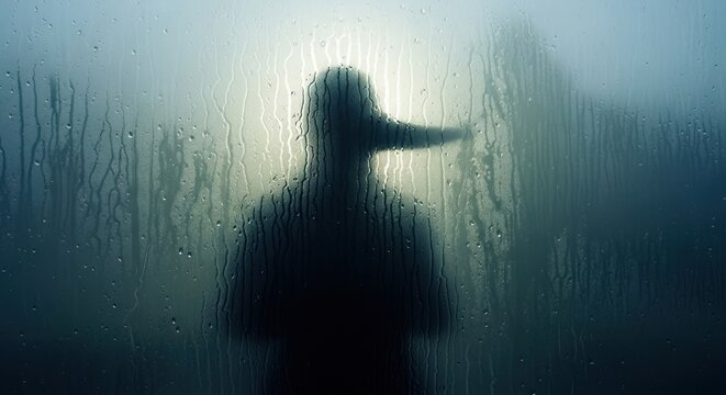 Silhouette of person in foggy environment.