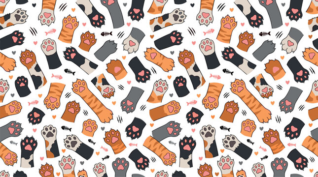 Cute cat paws seamless pattern vector illustration background with colorful kitty feet footprints fish bones and hearts for fabric textile