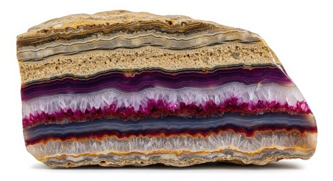 Cross section of a banded agate geode with vibrant purple and red layers