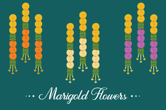 Marigold Flower Garland And Mango Leaves Hanging On Auspicious Traditional Hindu Festival. Vector Illustration for Festive Elements