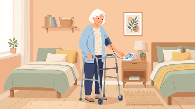Elderly woman with walker checks blood pressure in bedroom