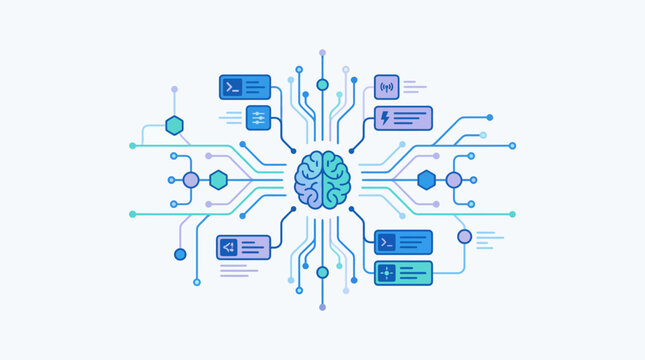 An intricate illustration of a central brain-like core connected by digital circuits to various data nodes and technological concepts, representing artificial intelligence and network processing.