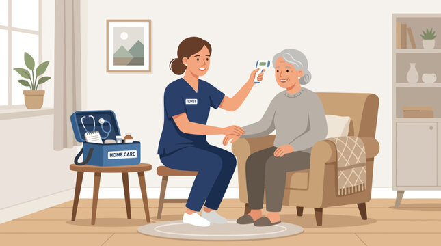 Nurse takes senior woman's temperature at home, healthcare, caregiving, medical checkup