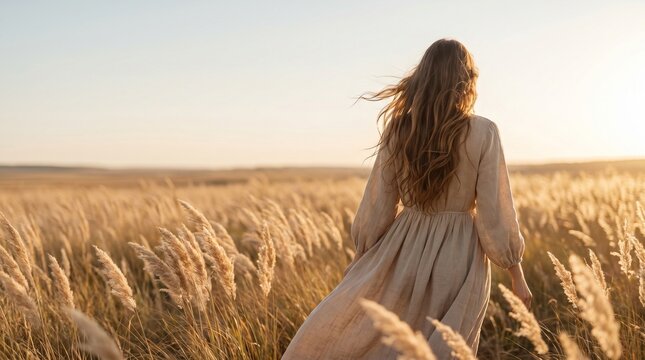 Woman in a beige linen dress with flowing hair seen from behind walking across a vast grassland at sunset, faceless back view with wide left copy space