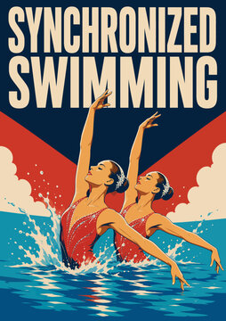 092-34-Two swimmers perform together in an artistic retro illustration promoting synchronized swimming