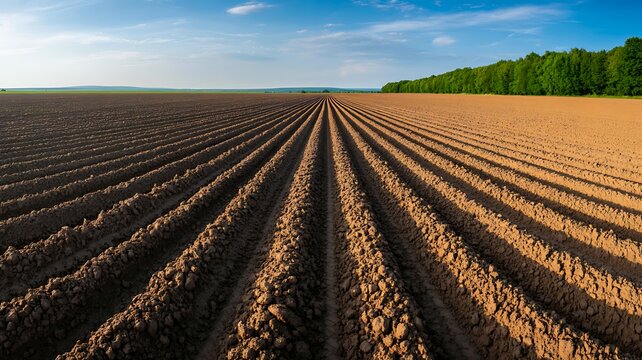 Freshly plowed agricultural field with straight furrows under clear blue sky
