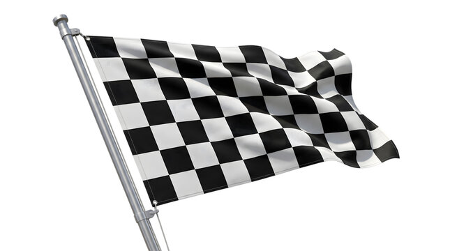 Checkered racing flag waving on pole isolated against transparent background.