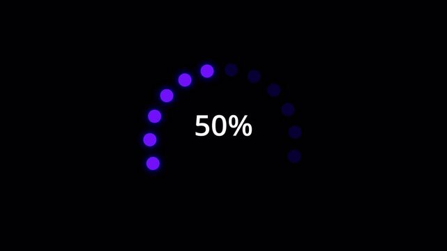 Loading dots progress bar animation on transparent background,  animated glowing circular progress bar from 0 to 100 percent.
