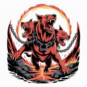 Fierce Three-Headed Cerberus Dog Illustration.