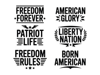 Obraz premium Patriotic american phrases and words with laurel wreaths stars and lines on white background
