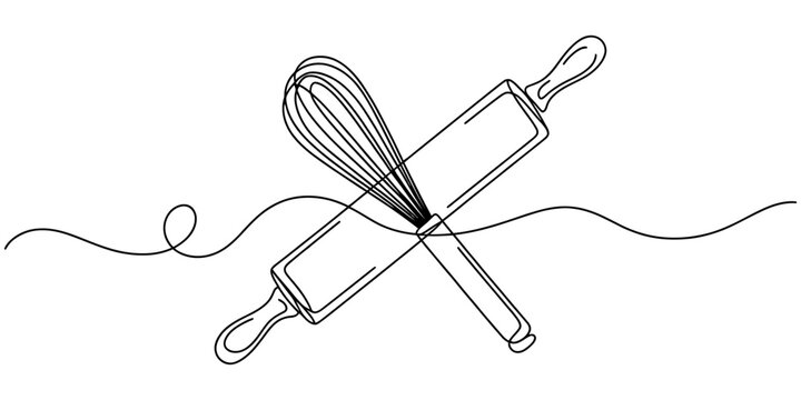 Continuous single line drawing of a kitchen whisk and a wooden rolling pin for baking