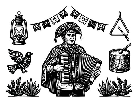 Brazilian Cordel Woodcut Set: Accordionist, Canga&ccedil;o Hat, Lantern, Cactus, and Forr&oacute; Musical Instruments in Black and White Linocut Style