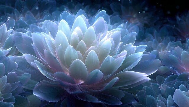 A close-up view of a luminous, ethereal blue lotus flower with delicate petals glowing in the dark.
