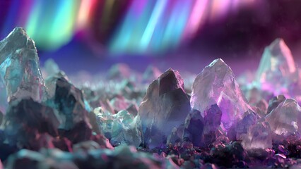 Fototapeta premium Close-up view of shimmering ice crystals under a vibrant aurora borealis display.