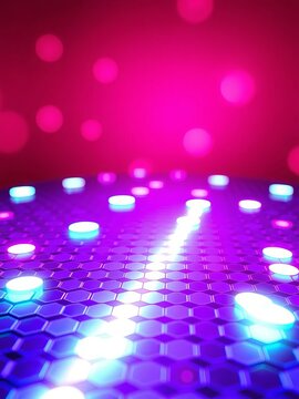 Glows with pink purple gradient on digital interface, hex grid and glowing circles, futuristic, geometric