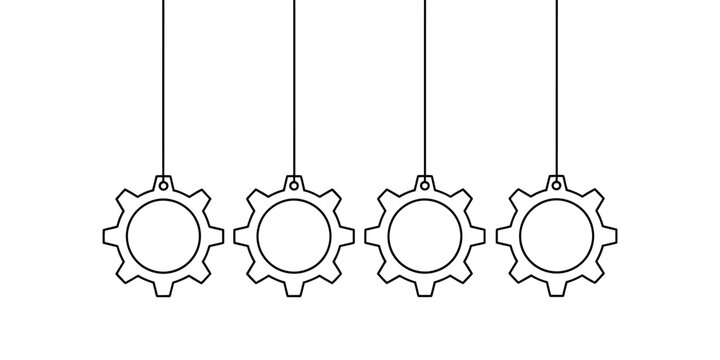 Four hanging gear wheels in a row representing industrial teamwork and mechanical process
