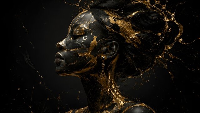 Elegant female profile with gold leaf cracks and metallic gold water splashes kintsugi style