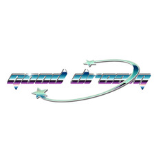 Retro 90s style metallic text logo layout with reflective chrome gradient and star swoosh ring element. Aesthetic cyber-tech apparel t-shirt graphic branding vector. © Ahmadmunir