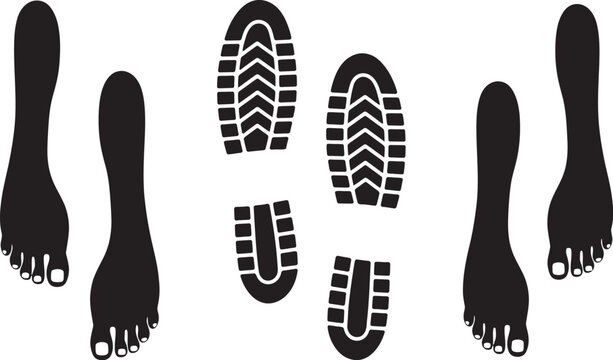 Footprint icons vector set, human foot and shoe prints, trail markers, pedestrian path symbols, tracking concepts, and modern graphic design resources.
