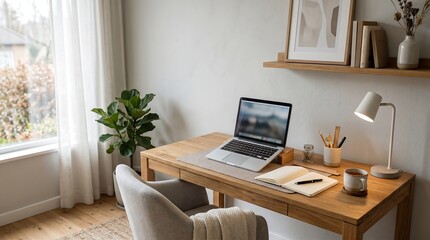 Fototapeta premium A peaceful home office setup featuring a wooden desk with a laptop and organized workspace for productive remote working and study sessions