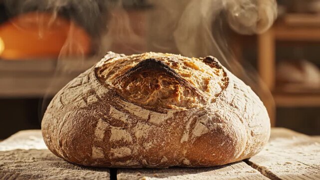 Round crusty sourdough loaf with steam rising on floured wooden table; background shows blurred traditional stone oven in rustic bakery kitchen setting.