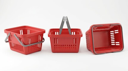 Fototapeta premium Three red plastic shopping baskets with grey handles, shown from different angles, isolated on white background