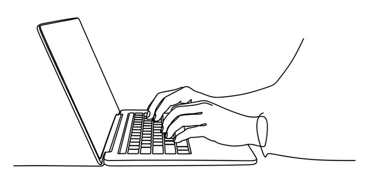 Continuous single line drawing of human hands typing on a modern laptop computer keyboard