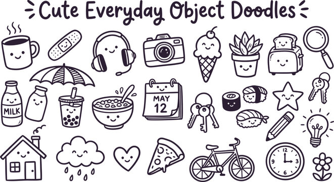 Cute everyday object doodles collection hand drawn style illustrations