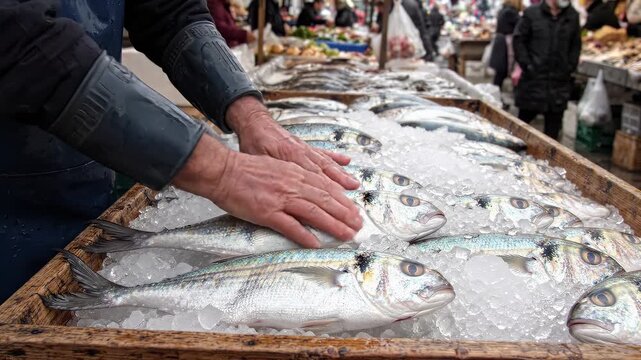 Man's hands rearrange fresh fish on crushed ice display. Fish silver-scaled bright-eyed arranged in rows. Rubber apron wearing. Market stalls and shoppers blurred background. Fish market work concept