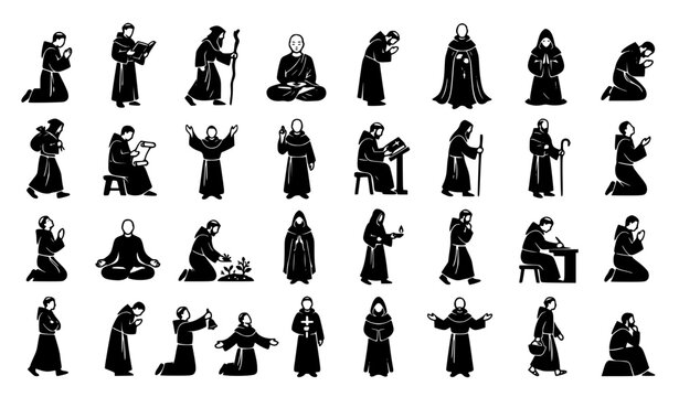 Monk and Friar Silhouette Set with Medieval Religious Figures Praying Reading Meditating and Walking for History and Spiritual Design Projects