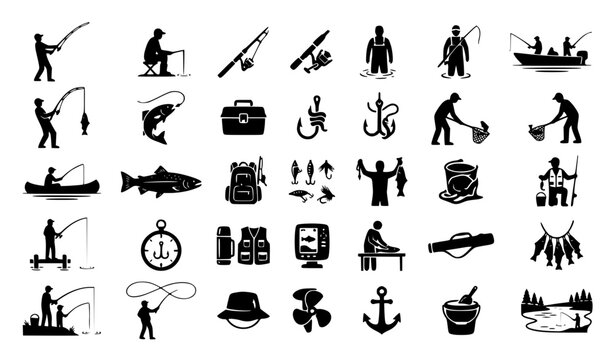 Fishing and Angling Icon Set with Fisherman Silhouettes Equipment Hooks Rods Boats and Catch Symbols for Outdoor Recreation Industry Designs
