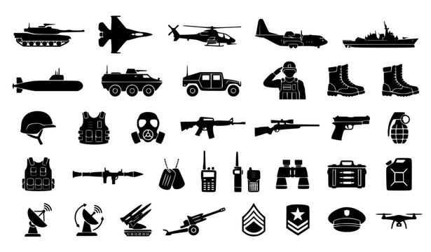 Military and Warfare Vector Icon Set Featuring Armed Vehicles, Heavy Tanks, Fighter Jets, Submarines, Weaponry, and Soldier Combat Equipment Vectors