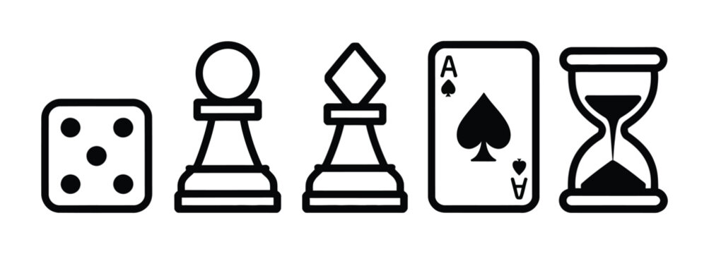 Board game doodle icon collection, hand drawn black and white vector set with dice, chess pawn, meeple figure, ace of spades playing card, and hourglass timer for gaming, hobby, and tabletop design