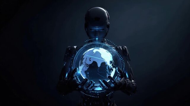 A futuristic robotic figure, illuminated by a digital glow, cradles a luminous hologram of the Earth. ..Created with Generative AI, not depicting real subjects.