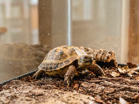 Detailed photograph of a tortoise slowly moving across a natural substrate of wood chips and dry leaves inside.