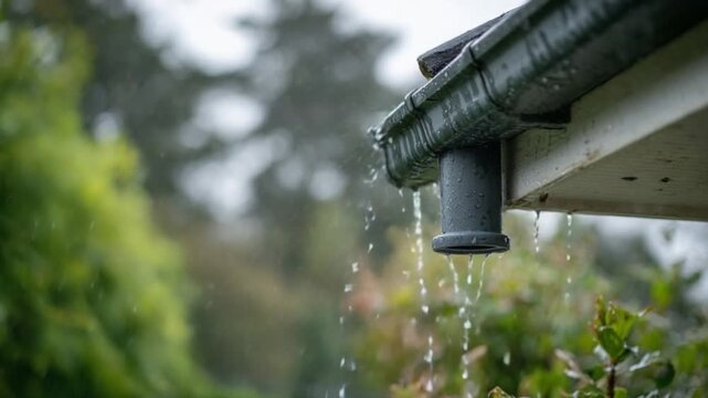 Rainwater flowing from a gutter during a downpour.