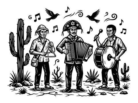 Brazilian Forr&oacute; Trio Woodcut: Traditional Musicians in Northeast Sert&atilde;o