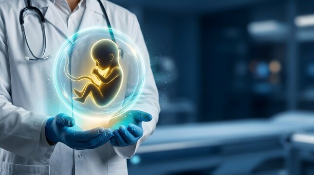 Obstetrician Presenting Digital Embryo Development Model, Neonatal Monitoring and Fetal Health Ultrasound Visualization