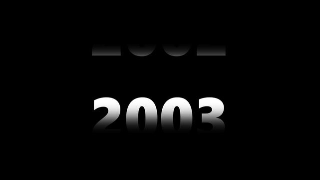 Digital year counter animation: rapidly scrolling calendar years from 1998 to 2005 on black background