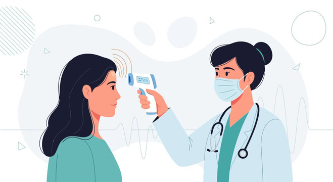 Doctor checking patient's temperature with infrared thermometer, concept of healthcare, screening, and pandemic prevention