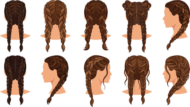 Braided Hairstyle Vector Icon Set with French Braids Dutch Braids Fishtail Braids and Pigtails for Hair Salons Beauty Branding and Fashion Graphics
