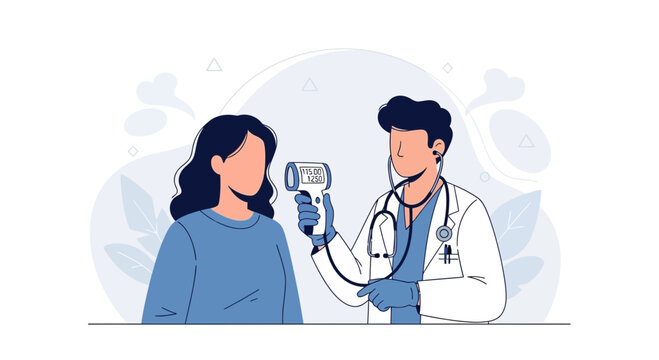 Doctor checking patient's temperature with non-contact thermometer, vector illustration, modern flat design