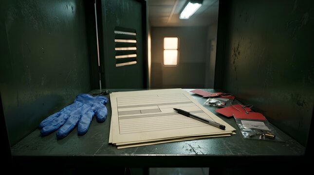 Crime evidence folder with gloves inside police locker room
