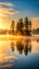 Fototapeta premium Softly glowing mist rises from serene lake surface at dawn