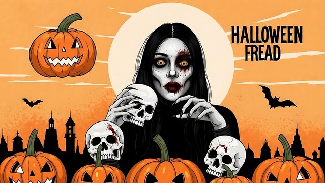 Scary Halloween Fread with Pumpkins and Skulls.
