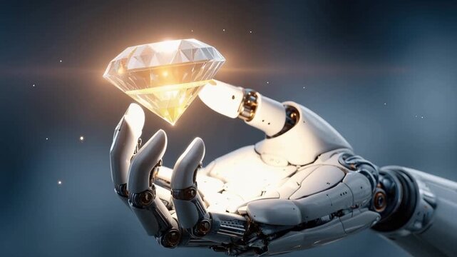 A robotic hand delicately holds a glowing diamond, symbolizing technological advancement and the precious value of innovation. ..Created with Generative AI, not depicting real subjects.